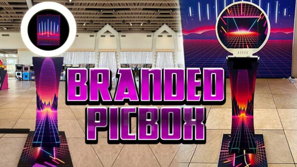 pic box photo booth with custom branding for a Tron arcade 80's theme
